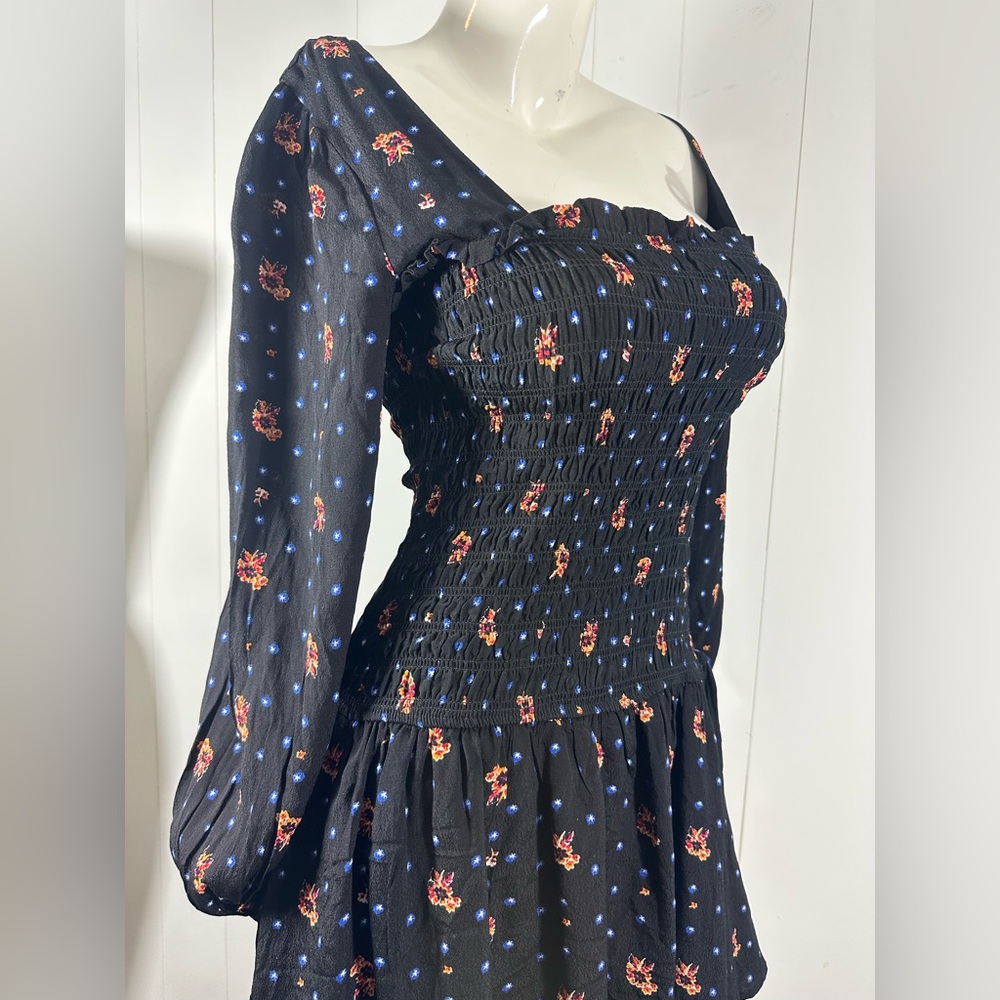 NWT Free People Black Smocked Floral Mini Dress Size Small S Long Sleeve - Picture 6 of 12